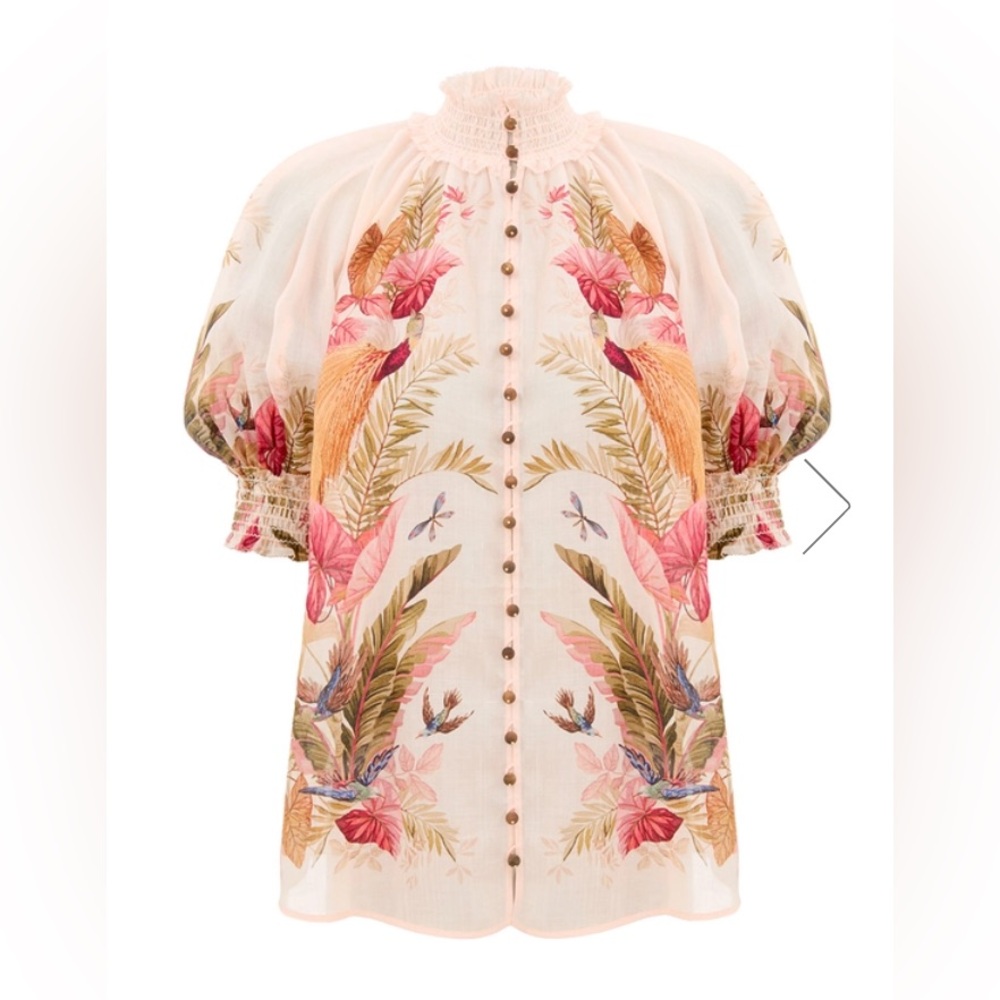 Zimmermann Floral Embroidered Puff Sleeve Blouse in Pink, Cream, Green